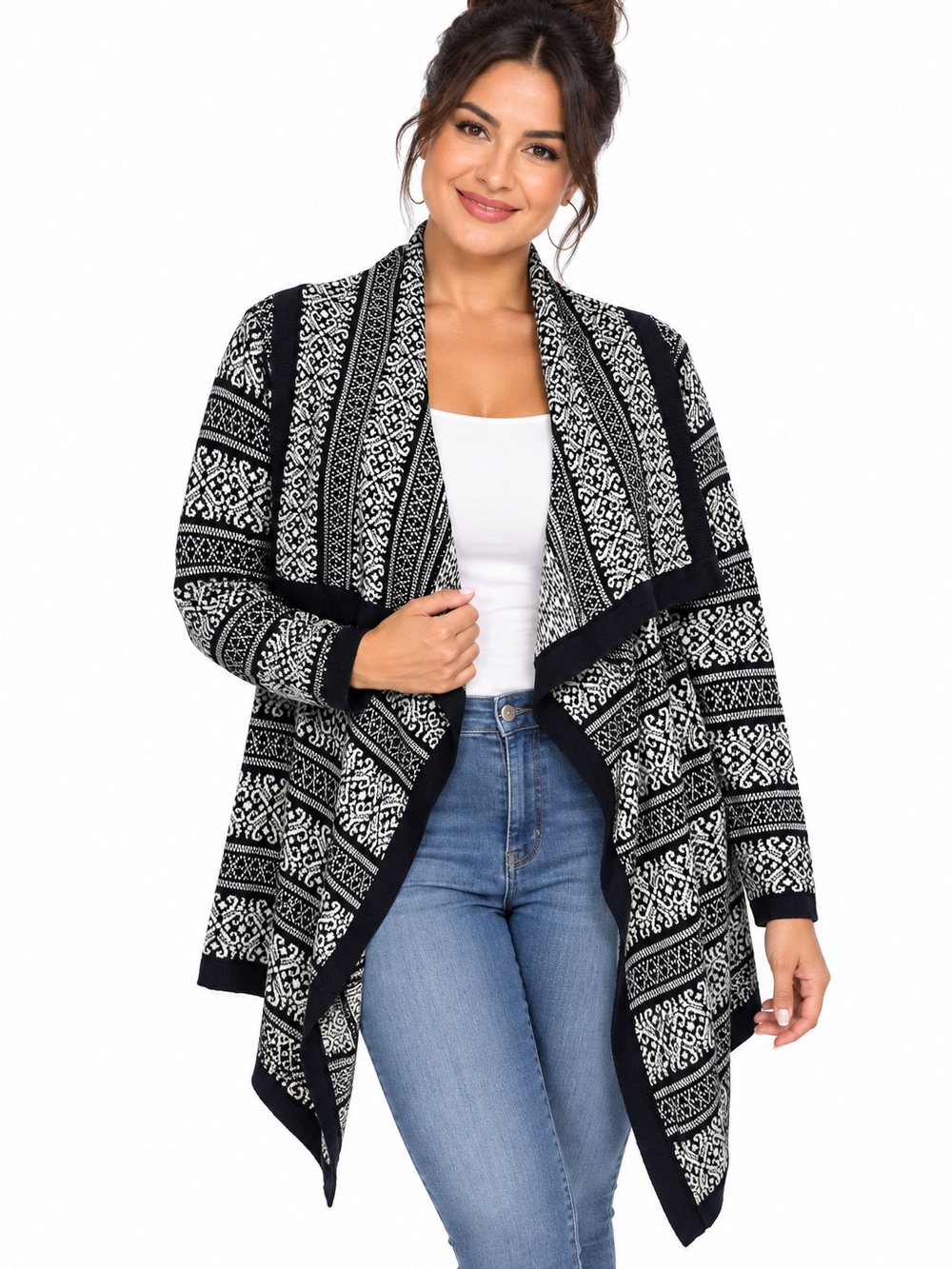 Skies Are Blue Cardigan Size M Black Ivory Geometric Open Front Waterfall